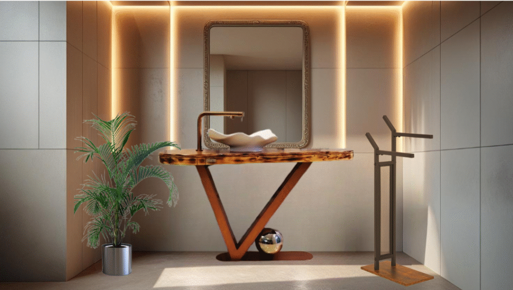 Prototipo Pedestal color cobre en combinación con el grifo y la válvula de desagüe